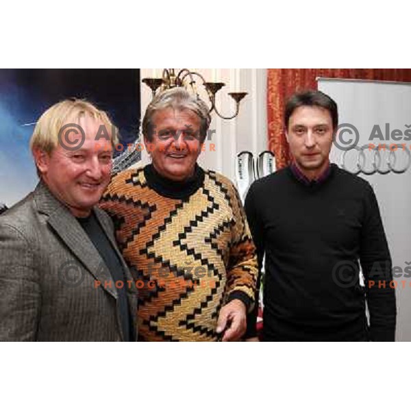 Bojan Krizaj, Tone Gogala and Bostjan Luznar at prize giving ceremony after Elan-Porsche Slovenia golf tournament hosted by Bojan Krizaj at King\'s golf course, Bled, Slovenia on October 16, 2011 