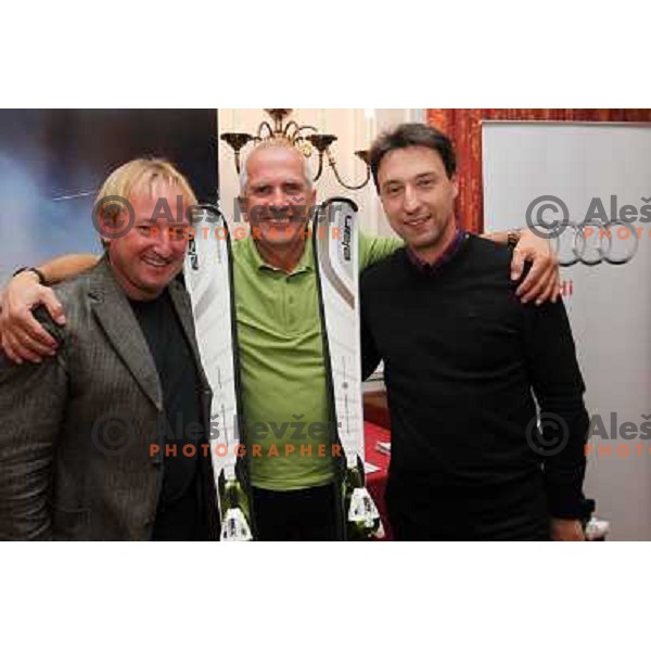 Bojan Krizaj, Sreco Medven and Bostjan Luznar at prize giving ceremony after Elan-Porsche Slovenia golf tournament hosted by Bojan Krizaj at King\'s golf course, Bled, Slovenia on October 16, 2011 