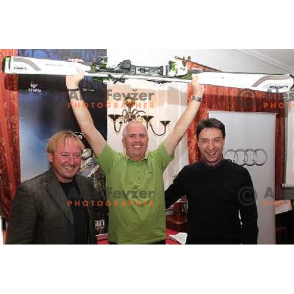 Bojan Krizaj, Sreco Medven and Bostjan Luznar at prize giving ceremony after Elan-Porsche Slovenia golf tournament hosted by Bojan Krizaj at King\'s golf course, Bled, Slovenia on October 16, 2011 