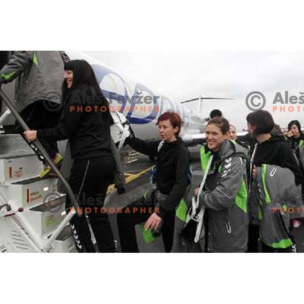 Players and staff of RK Krim Mercator leaving from Airport Joze Pucnik to Danmark for EHF Champions league match Viborg- Krim Mercator on October 29, 2011 