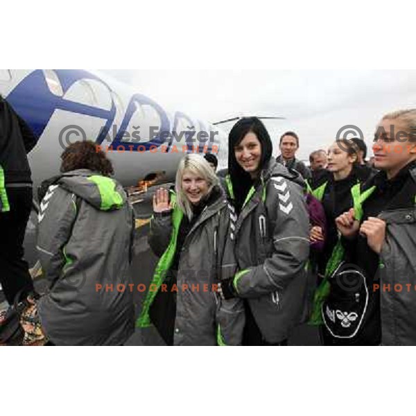 Tamara Mavsar, Alja Koren and Players of RK Krim Mercator leaving from Airport Joze Pucnik to Danmark for EHF Champions league match Viborg- Krim Mercator on October 29, 2011 