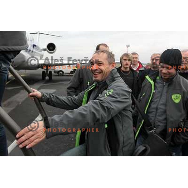 Tone Tiselj and staff of RK Krim Mercator leaving from Airport Joze Pucnik to Danmark for EHF Champions league match Viborg- Krim Mercator on October 29, 2011 