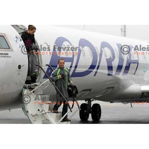 Tone Tiselj, head coach of RK Krim Mercator leaving the plane at Viborg Airport in Danmark for EHF Champions league match Viborg- Krim Mercator on October 29, 2011 