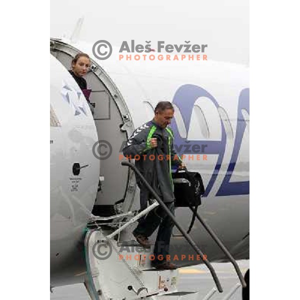Tone Tiselj, head coach of RK Krim Mercator leaving the plane at Viborg Airport in Danmark for EHF Champions league match Viborg- Krim Mercator on October 29, 2011 