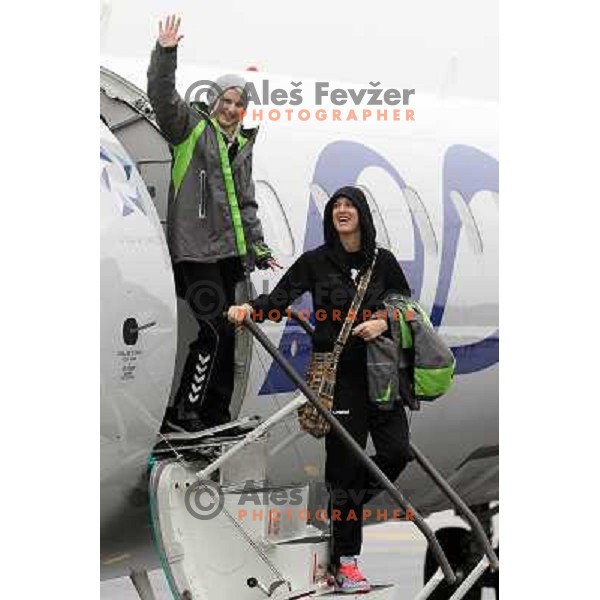 Tamara Mavsar, Alja Koren of RK Krim Mercator leaving the plane at Viborg Airport in Danmark for EHF Champions league match Viborg- Krim Mercator on October 29, 2011 