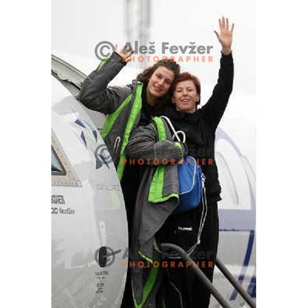 Jelena Grubisic, Sergeja Stefanisin of RK Krim Mercator leaving the plane at Viborg Airport in Danmark for EHF Champions league match Viborg- Krim Mercator on October 29, 2011 