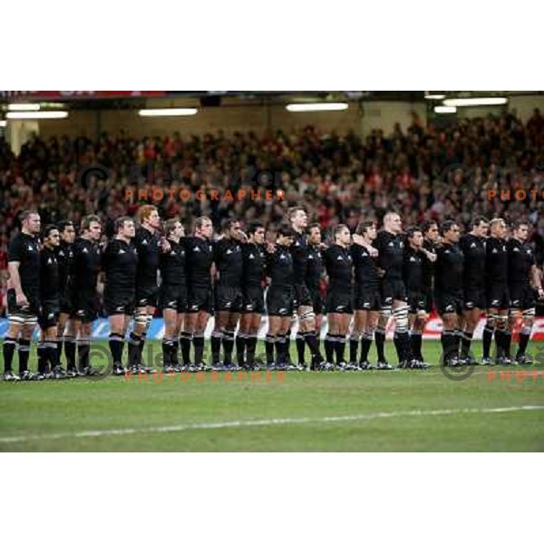 Players of team New Zealand listening to national anthemn