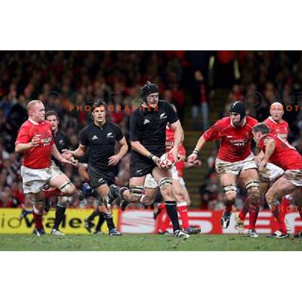 Ali Williams running with the ball at rugby match between Wales and New Zealand at Millennium Stadium, Cardiff, Wales on November 25, 2006. New Zealand won 45:10