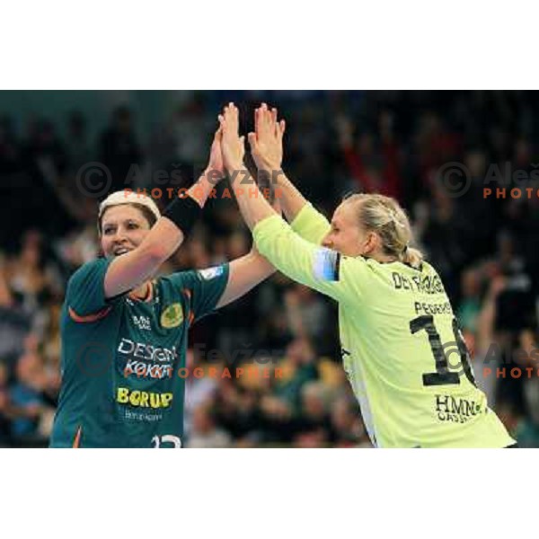 Anja Althaus and Christina Pedersen of HK Viborg in action during EHF Champions league regular season game 4 between HK Viborg (Danmark) and RK Krim Mercator (Slovenia), played in Viborg Stadionhall, Danmark on October 29, 2011 
