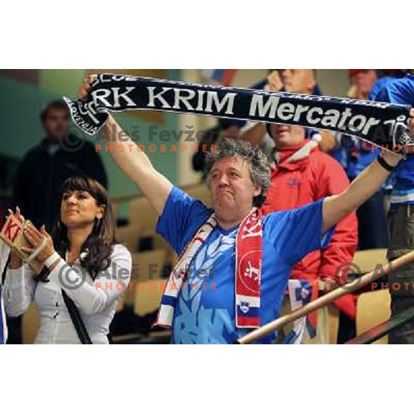 Krimovci, supporters of Krim Mercator celebrate after EHF Champions league regular season game 4 between HK Viborg (Danmark) and RK Krim Mercator (Slovenia), played in Viborg Stadionhall, Danmark on October 29, 2011 