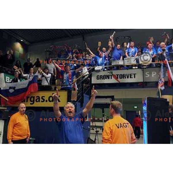 Krimovci, supporters of Krim Mercator celebrate after EHF Champions league regular season game 4 between HK Viborg (Danmark) and RK Krim Mercator (Slovenia), played in Viborg Stadionhall, Danmark on October 29, 2011 