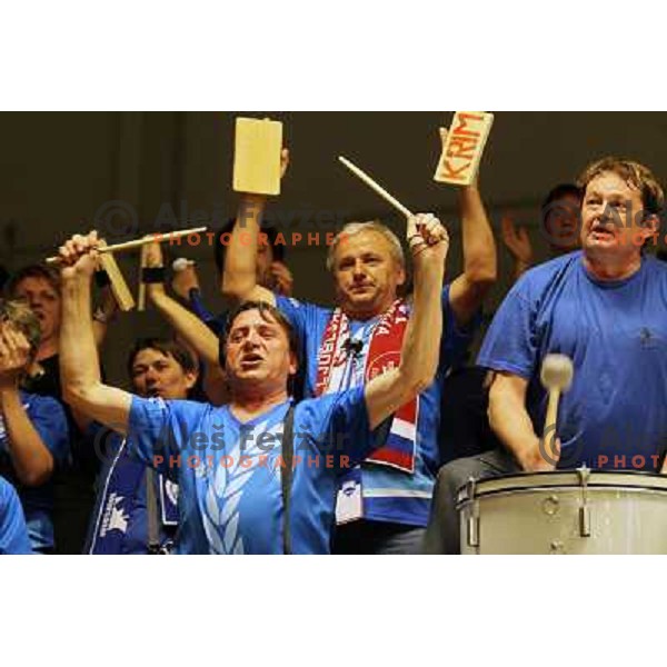 Krimovci, supporters of Krim Mercator celebrate after EHF Champions league regular season game 4 between HK Viborg (Danmark) and RK Krim Mercator (Slovenia), played in Viborg Stadionhall, Danmark on October 29, 2011 