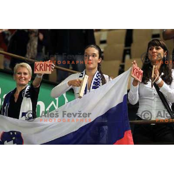 Krimovci, supporters of Krim Mercator celebrate after EHF Champions league regular season game 4 between HK Viborg (Danmark) and RK Krim Mercator (Slovenia), played in Viborg Stadionhall, Danmark on October 29, 2011 