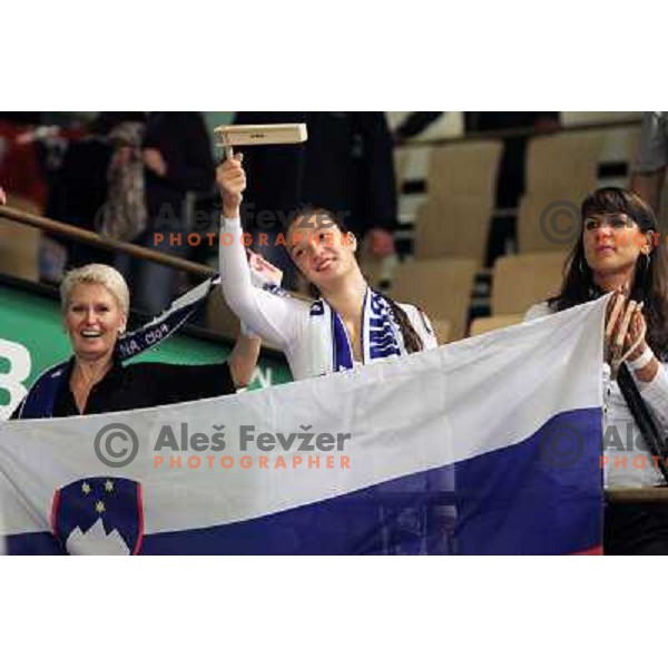 Krimovci, supporters of Krim Mercator celebrate after EHF Champions league regular season game 4 between HK Viborg (Danmark) and RK Krim Mercator (Slovenia), played in Viborg Stadionhall, Danmark on October 29, 2011 