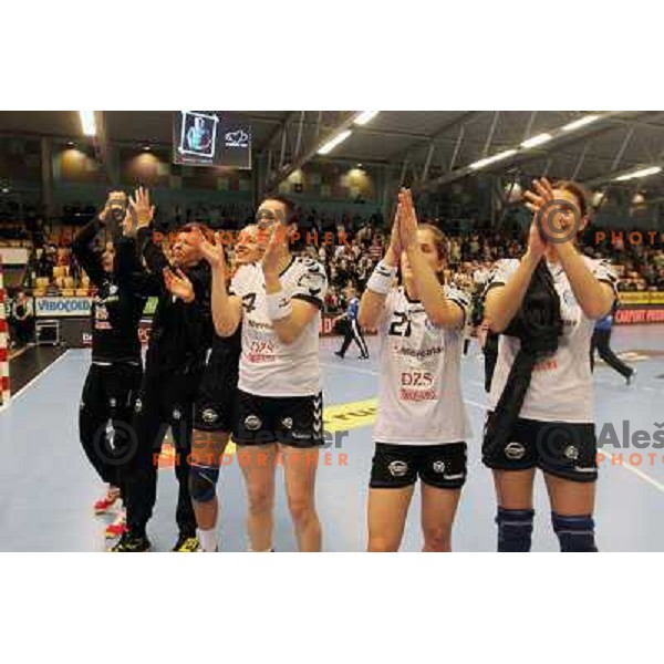 Players of Krim Mercator celebrate after EHF Champions league regular season game 4 between HK Viborg (Danmark) and RK Krim Mercator (Slovenia), played in Viborg Stadionhall, Danmark on October 29, 2011 