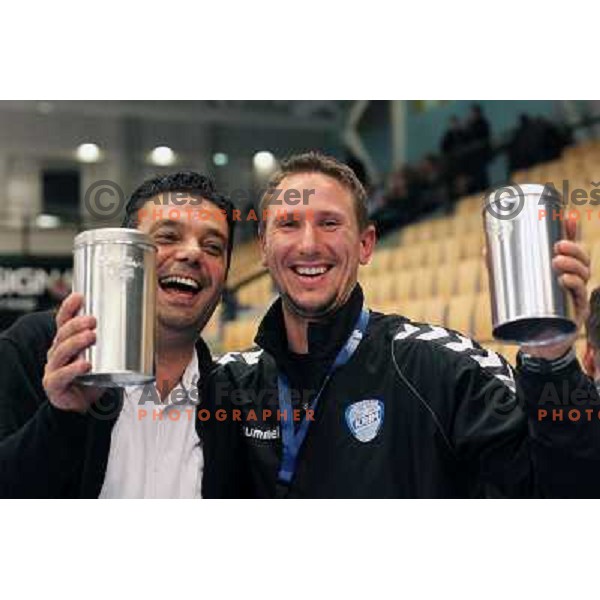 Players of Krim Mercator celebrate after EHF Champions league regular season game 4 between HK Viborg (Danmark) and RK Krim Mercator (Slovenia), played in Viborg Stadionhall, Danmark on October 29, 2011 