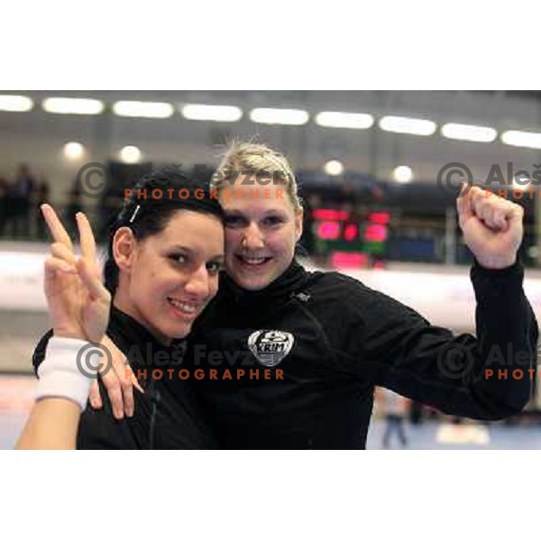 Players of Krim Mercator celebrate after EHF Champions league regular season game 4 between HK Viborg (Danmark) and RK Krim Mercator (Slovenia), played in Viborg Stadionhall, Danmark on October 29, 2011 