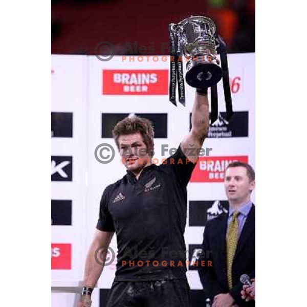 Richie McCaw with winning trophy at rugby match between Wales and New Zealand at Millennium Stadium, Cardiff, Wales on November 25, 2006. New Zealand won 45:10