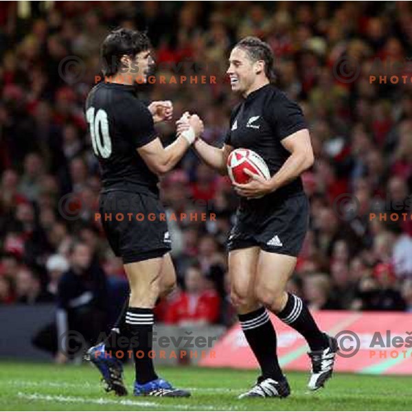 Luke McAlister celebrate first try of the match with Dan Carter at rugby match between Wales and New Zealand at Millennium Stadium, Cardiff, Wales on November 25, 2006. New Zealand won 45:10