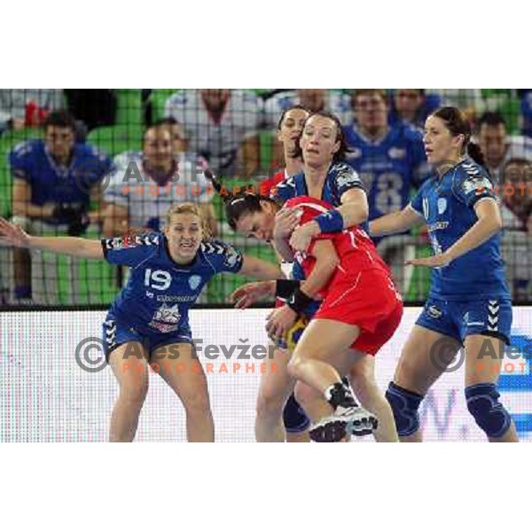 Kristina Bille Hansen;Mehlmann, Seric of Krim Mercator in action during EHF Champions leaguel game 5 between Krim Mercator (Slovenia) and Podravka Vegeta (Croatia) in Stozice Sports Hall, Ljubljana, Slovenia on November 5, 2011 
