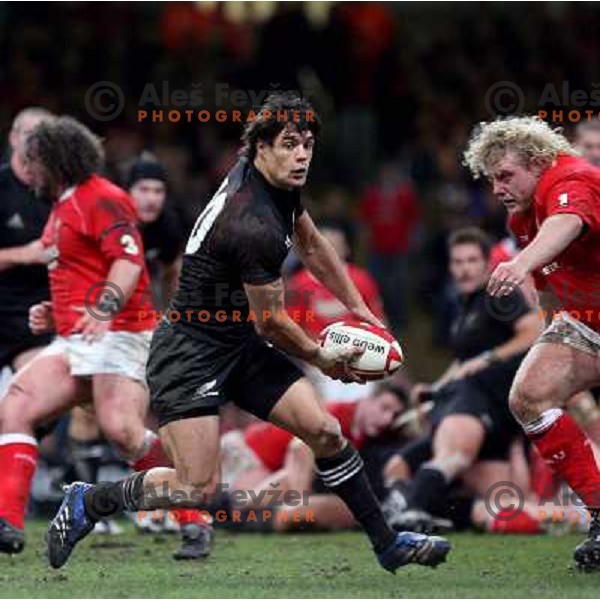 Dan Carter vs Duncan Jones at rugby match between Wales and New Zealand at Millennium Stadium, Cardiff, Wales on November 25, 2006. New Zealand won 45:10