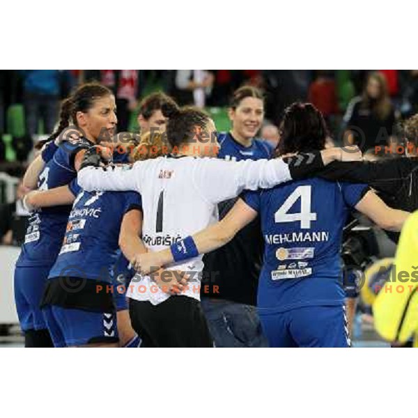 Players of Krim Mercator in action during EHF Champions leaguel game 5 between Krim Mercator (Slovenia) and Podravka Vegeta (Croatia) in Stozice Sports Hall, Ljubljana, Slovenia on November 5, 2011 