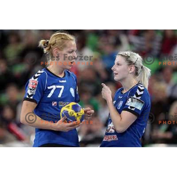 Gorica Acimovic, Tamara Mavsar of Krim Mercator in action during EHF Champions leaguel game 5 between Krim Mercator (Slovenia) and Podravka Vegeta (Croatia) in Stozice Sports Hall, Ljubljana, Slovenia on November 5, 2011 