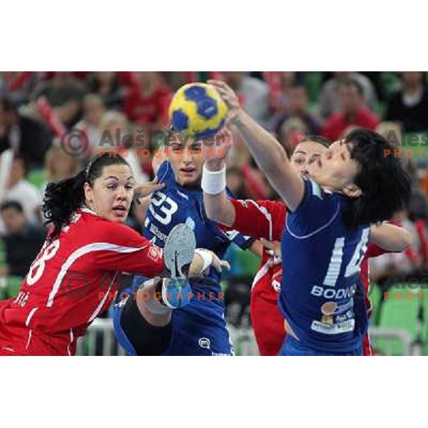 Andrea Penezic, Liudmila Bodnieva of Krim Mercator in action during EHF Champions leaguel game 5 between Krim Mercator (Slovenia) and Podravka Vegeta (Croatia) in Stozice Sports Hall, Ljubljana, Slovenia on November 5, 2011 
