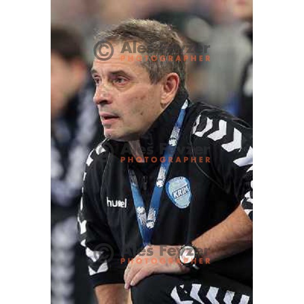 Tone Tiselj, head coach of Krim Mercator in action during EHF Champions leaguel game 5 between Krim Mercator (Slovenia) and Podravka Vegeta (Croatia) in Stozice Sports Hall, Ljubljana, Slovenia on November 5, 2011 