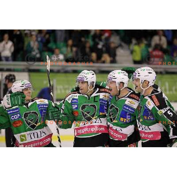 Ziga Pance, Jamie Fraser of Tilia Olimpija in action durnig EBEL league regular season game 2o between Tilia Olimpija and Red Bull Salzburg in Hala Tivoli, Ljubljana, Slovenia on November 6,2011 