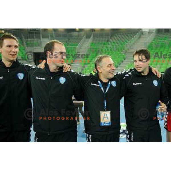 Tone Tiselj, Tomaz Bregar in action during Hanball game Krim Mercator - Larvik, EHF Champions League 2011-2011, Arena Stozice, Ljubljana, 13.11.2011 