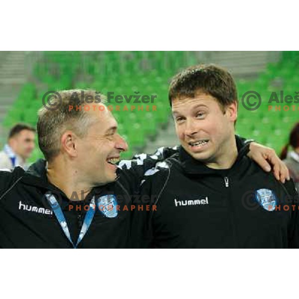 Tone Tiselj, Tomaz Bregar in action during Hanball game Krim Mercator - Larvik, EHF Champions League 2011-2011, Arena Stozice, Ljubljana, 13.11.2011 