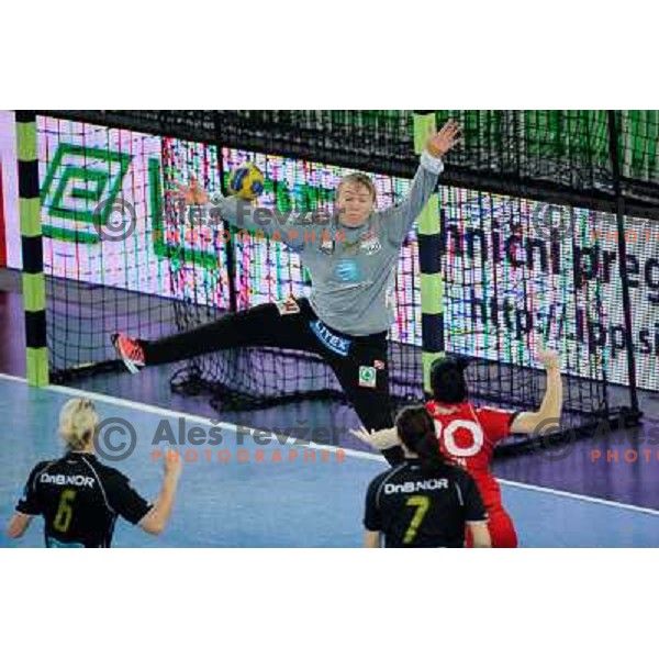 Cecile Leganger, Alja Koren in action during Hanball game Krim Mercator - Larvik, EHF Champions League 2011-2011, Arena Stozice, Ljubljana, 13.11.2011 