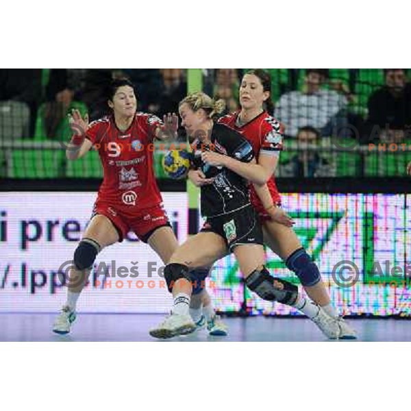 Maja Son, Andrea Seric in action during Hanball game Krim Mercator - Larvik, EHF Champions League 2011-2011, Arena Stozice, Ljubljana, 13.11.2011 