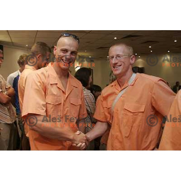 Emil Tahirovic and Matic Osovnikar of Slovenia during reception for medal winners at Mediteranean Games Almeria 2005 held in Ljubljana, Slovenia on July 4, 2005 