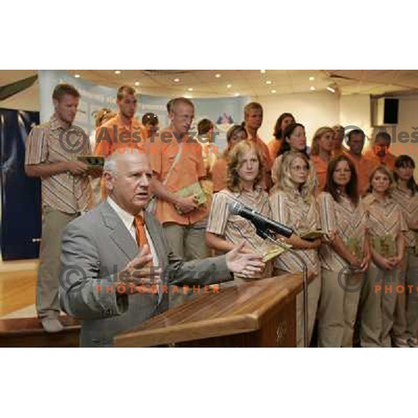 Janez Kocijancic having a speech during reception for medal winners at Mediteranean Games Almeria 2005 held in Ljubljana, Slovenia on July 4, 2005 