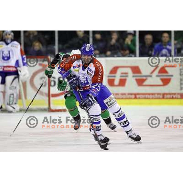 Joel Prpic of KHL Medvescak in action during EBEL league regular season ice-hockey match in round 30 between HDD Tilia Olimpija Ljulbjana and KHL Medvescak Zagreb in Hala Tivoli, Ljubljana, Slovenia on December 9, 2011 