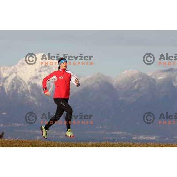 Anica Zivko of Slovenia, mountain runner from Celje during practice session with new Garmin Forerunner 610 in the hills near Kranj, Slovenia on December 6, 2011 