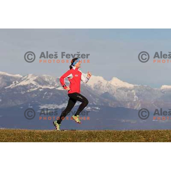 Anica Zivko of Slovenia, mountain runner from Celje during practice session with new Garmin Forerunner 610 in the hills near Kranj, Slovenia on December 6, 2011 