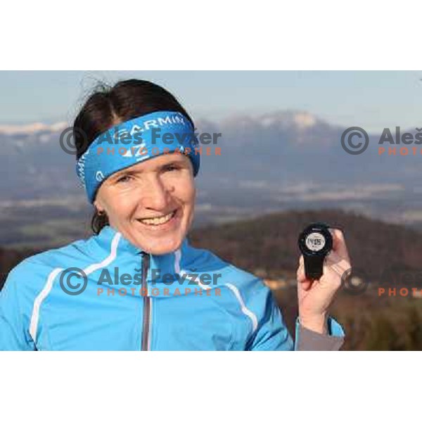 Anica Zivko of Slovenia, mountain runner from Celje during practice session with new Garmin Forerunner 610 in the hills near Kranj, Slovenia on December 6, 2011 