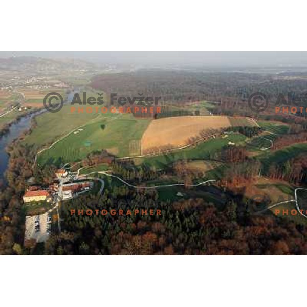 Otocec golf course (18 holes, 6189 meters, par 72) boosts on 75 hectare of pristine forest near river Krka. It is true Championships course close to Novo Mesto, Slovenia. Photos were taken from hot air balloon on November 12, 2011 