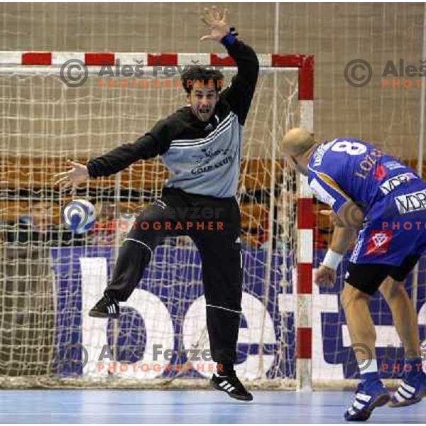 Mustafa Torlo tries to stop penalty shot of Demetrio Lozano during match Portland San Antonio- RK Gold Club.