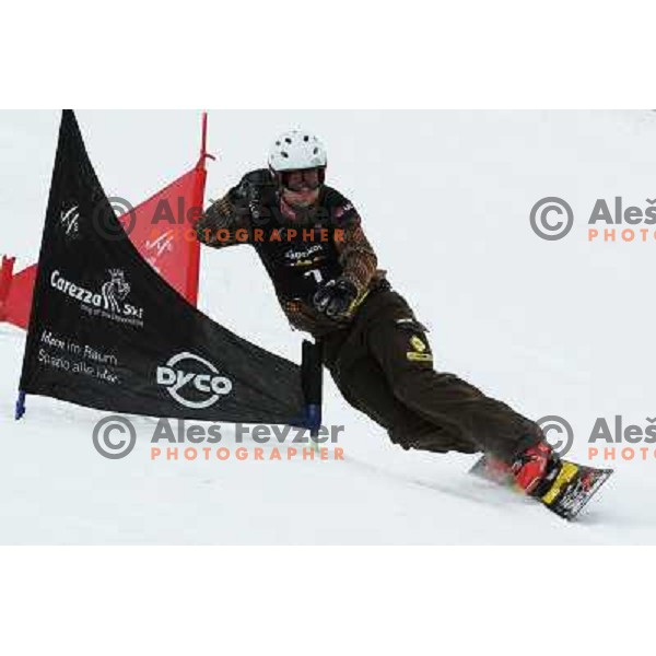 Rok Flander of Slovenia (left) took third place during LG Snowboard FIS World Cup Parallel Giant Slalom 2011-2012 in Carezza, Dolomites, Italy on December 21, 2011 