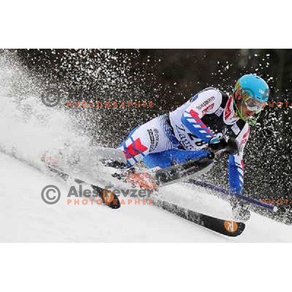 Maxime Tissot of France skiing in first run of men\'s slalom race at Audi FIS Alpine Ski World Cup 2011/2012 in Zagreb, Sljeme, Croatia on January 5, 2012 