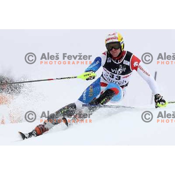 Reto Schmidiger (SUI) skiing in first run of men\'s slalom race at Audi FIS Alpine Ski World Cup 2011/2012 in Zagreb, Sljeme, Croatia on January 5, 2012 