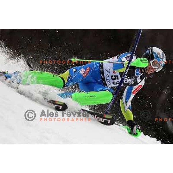 Matic Skube of Slovenia skiing in first run of men\'s slalom race at Audi FIS Alpine Ski World Cup 2011/2012 in Zagreb, Sljeme, Croatia on January 5, 2012 