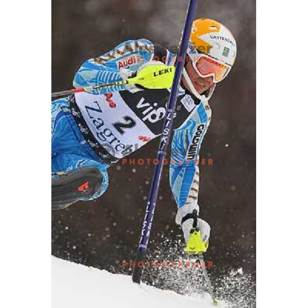Andre Myrher of Sweden skiing in first run of men\'s slalom race at Audi FIS Alpine Ski World Cup 2011/2012 in Zagreb, Sljeme, Croatia on January 5, 2012 