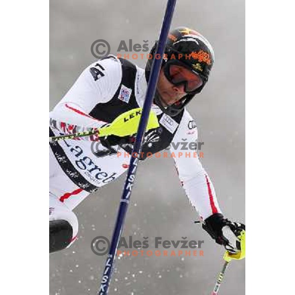 Mario Matt of Austria skiing in first run of men\'s slalom race at Audi FIS Alpine Ski World Cup 2011/2012 in Zagreb, Sljeme, Croatia on January 5, 2012 