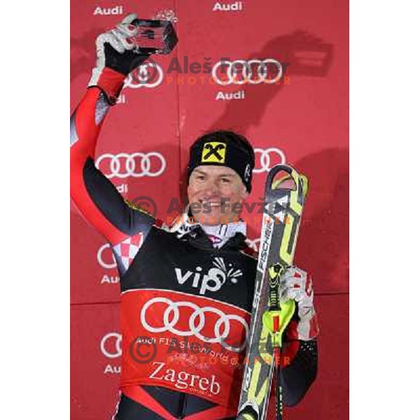 Ivica Kostelic of Croatia celebrates third place finish at men\'s slalom race at Audi FIS Alpine Ski World Cup 2011/2012 in Zagreb, Sljeme, Croatia on January 5, 2012 