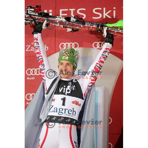 Marcel Hirscher (AUT) celebrate victory at men\'s slalom race at Audi FIS Alpine Ski World Cup 2011/2012 in Zagreb, Sljeme, Croatia on January 5, 2012 